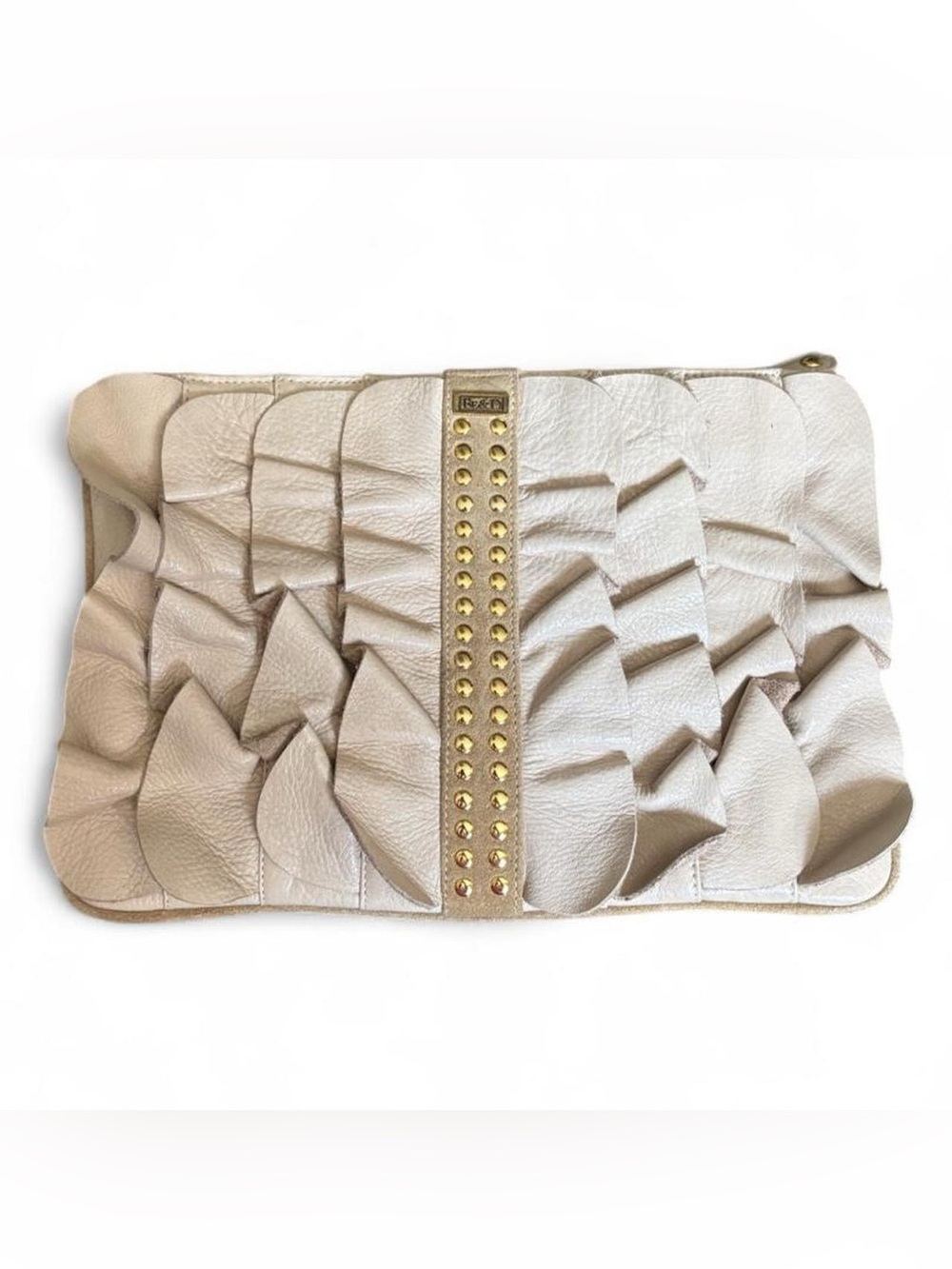 Y2K vintage Be&D cream leather clutch bag with ruffle detailing and gold studs